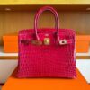 H Factory Bags Birkin Shiny Niloticus Crocodile 5R Rose Red Gold Hardware 30cm Full Handmade