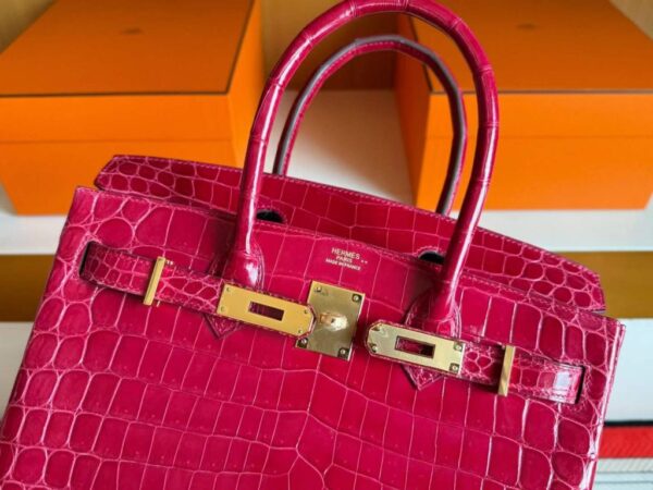 H Factory Bags Birkin Shiny Niloticus Crocodile 5R Rose Red Gold Hardware 30cm Full Handmade