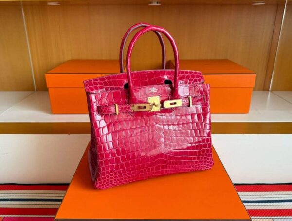 H Factory Bags Birkin Shiny Niloticus Crocodile 5R Rose Red Gold Hardware 30cm Full Handmade