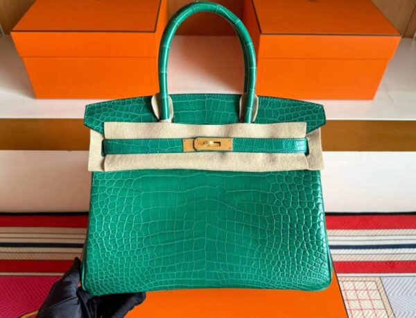 H Factory Bags Birkin Matte Porosus Crocodile Bamboo Green Gold Hardware 30cm Full Handmade