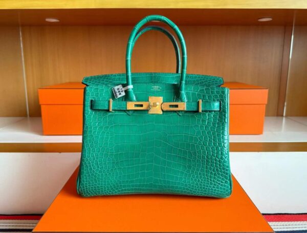 H Factory Bags Birkin Matte Porosus Crocodile Bamboo Green Gold Hardware 30cm Full Handmade