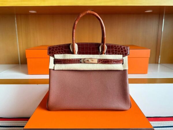 H Factory Bags Birkin Touch Chever & Shiny Niloticus Crocodile Tea & Brown Gold Hardware 30cm Full Handmade