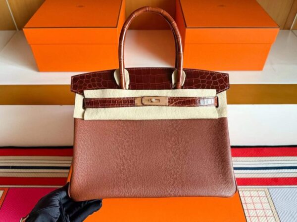 H Factory Bags Birkin Touch Chever & Shiny Niloticus Crocodile Tea & Brown Gold Hardware 30cm Full Handmade