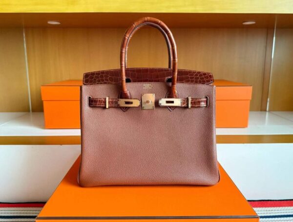 H Factory Bags Birkin Touch Chever & Shiny Niloticus Crocodile Tea & Brown Gold Hardware 30cm Full Handmade