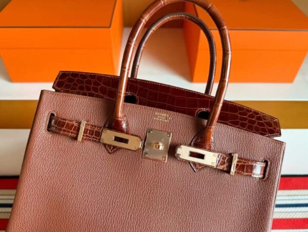 H Factory Bags Birkin Touch Chever & Shiny Niloticus Crocodile Tea & Brown Gold Hardware 30cm Full Handmade