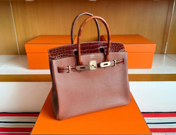H Factory Bags Birkin Touch Chever & Shiny Niloticus Crocodile Tea & Brown Gold Hardware 30cm Full Handmade