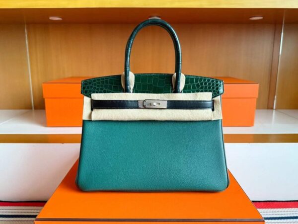H Factory Bags Birkin Touch Chever & Shiny Alligator Crocodile Gem Green Silver Hardware 30cm Full Handmade