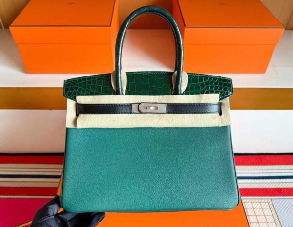 H Factory Bags Birkin Touch Chever & Shiny Alligator Crocodile Gem Green Silver Hardware 30cm Full Handmade