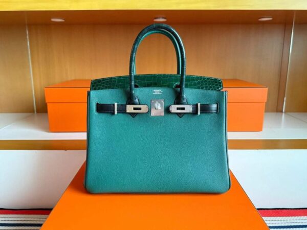 H Factory Bags Birkin Touch Chever & Shiny Alligator Crocodile Gem Green Silver Hardware 30cm Full Handmade
