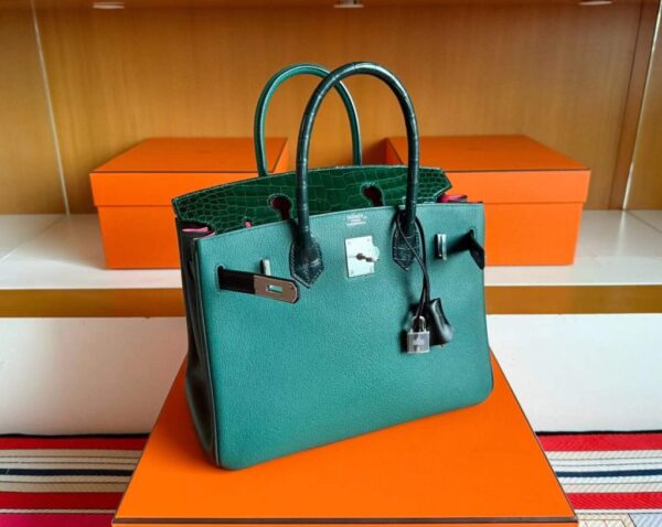 H Factory Bags Birkin Touch Chever & Shiny Alligator Crocodile Gem Green Silver Hardware 30cm Full Handmade