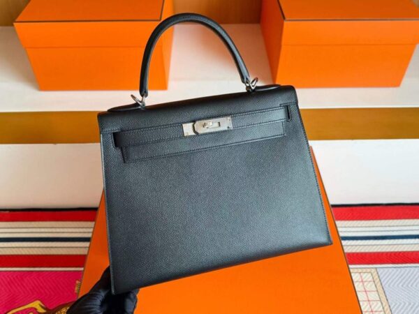 H Factory Bags Kelly Epsom Leather CK89 Black Silver Hardware 28cm Full Handmade
