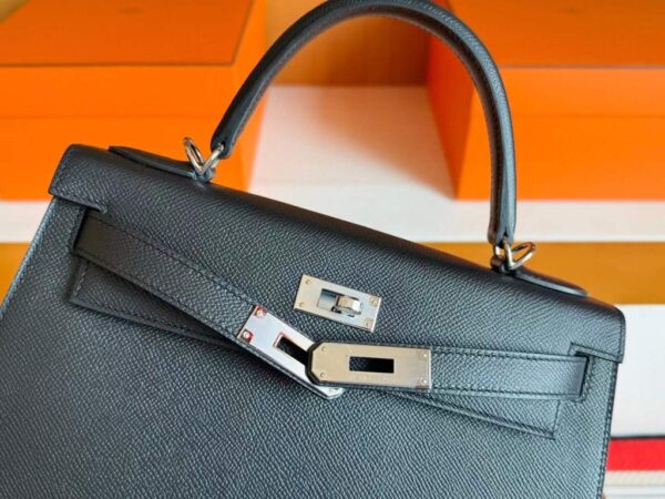 H Factory Bags Kelly Epsom Leather CK89 Black Silver Hardware 28cm Full Handmade