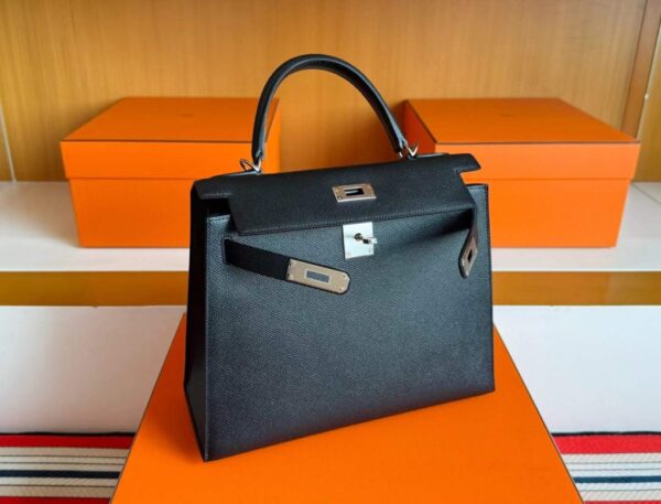 H Factory Bags Kelly Epsom Leather CK89 Black Silver Hardware 28cm Full Handmade
