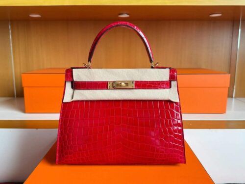 H Factory Bags Kelly Shiny Niloticus Crocodile Ferrari Red Gold Hardware 28cm Full Handmade