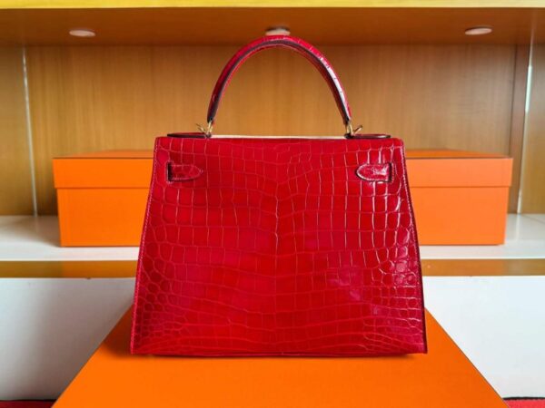 H Factory Bags Kelly Shiny Niloticus Crocodile Ferrari Red Gold Hardware 28cm Full Handmade