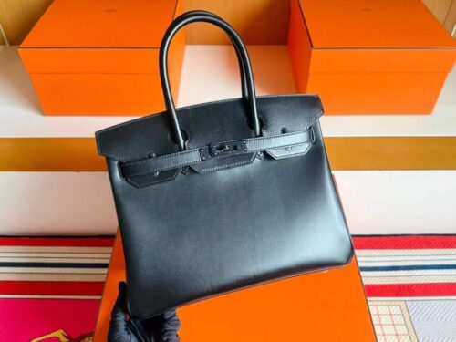 H Factory Bags Birkin Shiny Box Leather CK89 Black Black Buckle 30cm Full Handmade