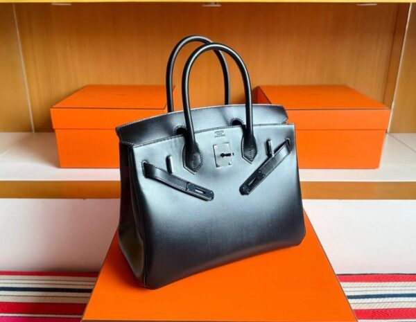 H Factory Bags Birkin Shiny Box Leather CK89 Black Black Buckle 30cm Full Handmade
