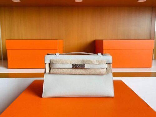 H Factory Bags Mini Kelly Pochette Swift Leather Cream Grey Silver Hardware 22cm Full Handmade