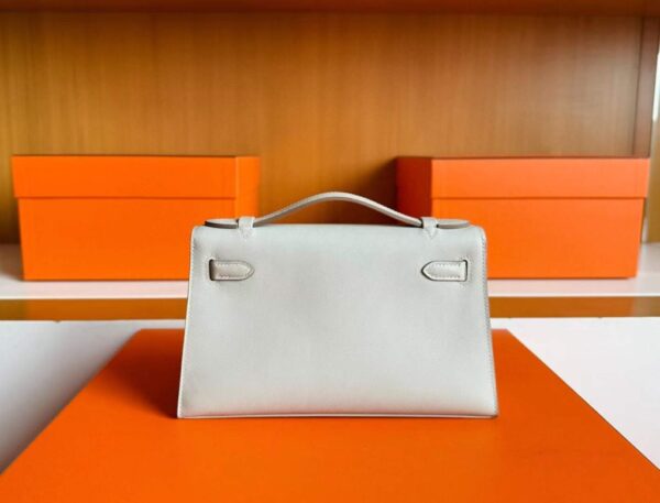 H Factory Bags Mini Kelly Pochette Swift Leather Cream Grey Silver Hardware 22cm Full Handmade