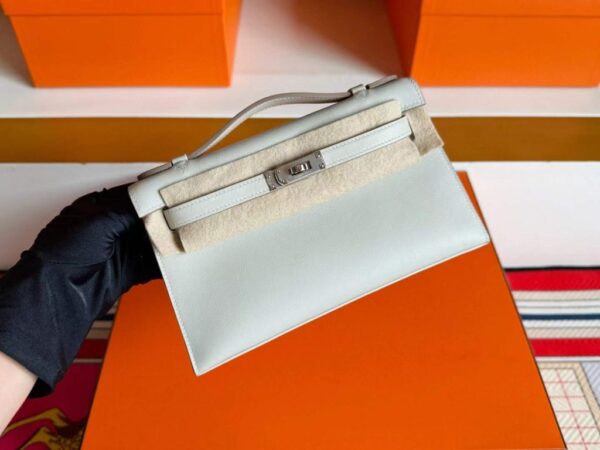 H Factory Bags Mini Kelly Pochette Swift Leather Cream Grey Silver Hardware 22cm Full Handmade