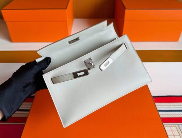 H Factory Bags Mini Kelly Pochette Swift Leather Cream Grey Silver Hardware 22cm Full Handmade