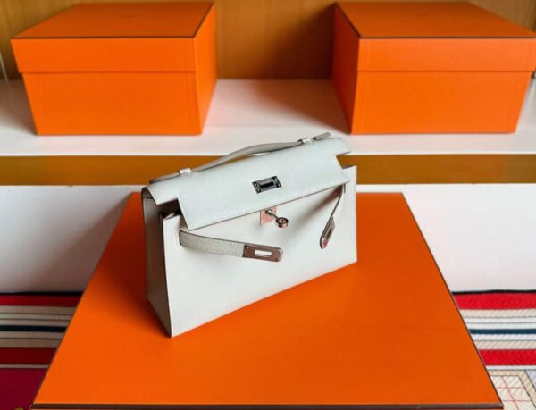 H Factory Bags Mini Kelly Pochette Swift Leather Cream Grey Silver Hardware 22cm Full Handmade