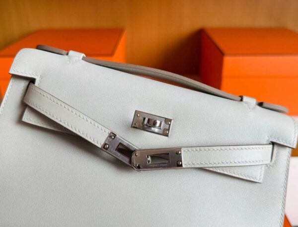 H Factory Bags Mini Kelly Pochette Swift Leather Cream Grey Silver Hardware 22cm Full Handmade