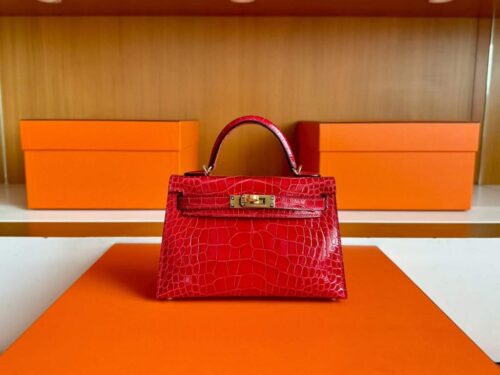 H Factory Bags Mini Kelly Shiny Alligator Crocodile Ferrari Red Gold Hardware 19cm Full Handmade