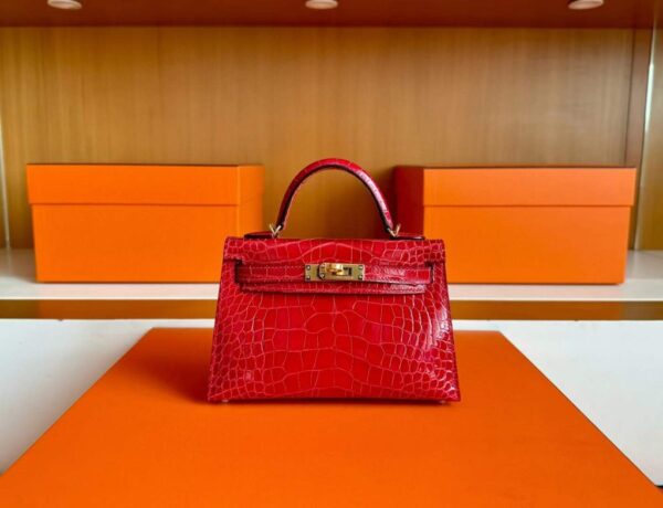H Factory Bags Mini Kelly Shiny Alligator Crocodile Ferrari Red Gold Hardware 19cm Full Handmade