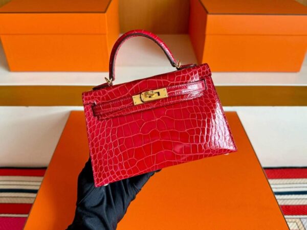 H Factory Bags Mini Kelly Shiny Alligator Crocodile Ferrari Red Gold Hardware 19cm Full Handmade