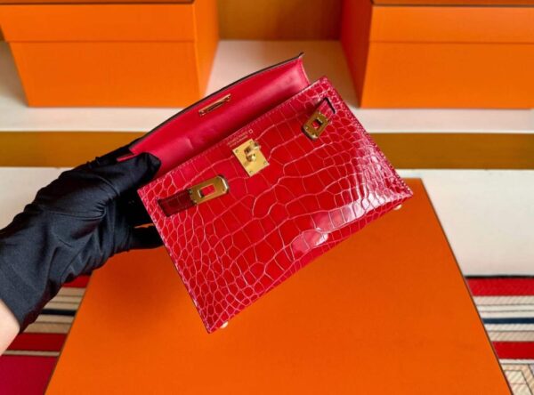 H Factory Bags Mini Kelly Shiny Alligator Crocodile Ferrari Red Gold Hardware 19cm Full Handmade