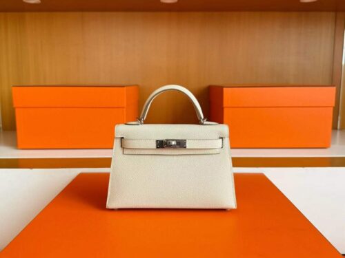 H Factory Bags Mini Kelly Epsom Leather Cream White Silver Hardware 19cm Full Handmade
