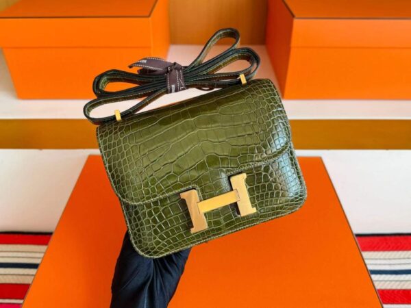 H Factory Bags Constance Shiny Alligator Crocodile Olive Green Gold Hardware 18cm Full Handmade