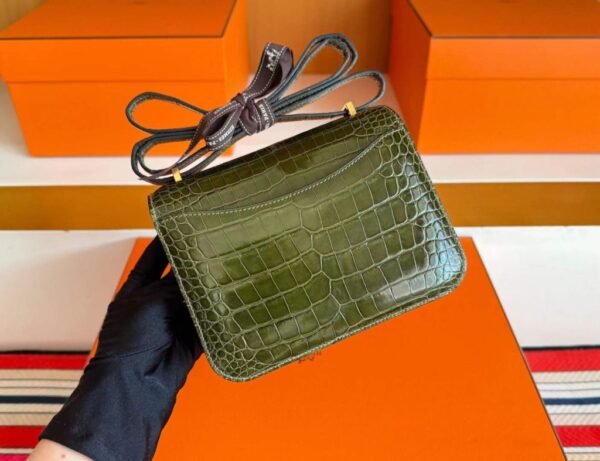 H Factory Bags Constance Shiny Alligator Crocodile Olive Green Gold Hardware 18cm Full Handmade