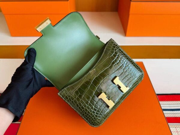 H Factory Bags Constance Shiny Alligator Crocodile Olive Green Gold Hardware 18cm Full Handmade