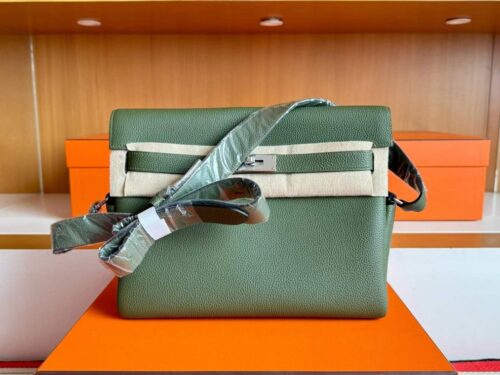 H Factory Bags Kelly Messenger Togo Leather Olive Green Silver Hardware 32cm Full Handmade