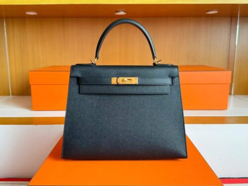 H Factory Bags Kelly Epsom Leather CK89 Black Gold Hardware 28cm Full Handmade