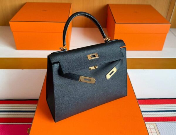 H Factory Bags Kelly Epsom Leather CK89 Black Gold Hardware 28cm Full Handmade