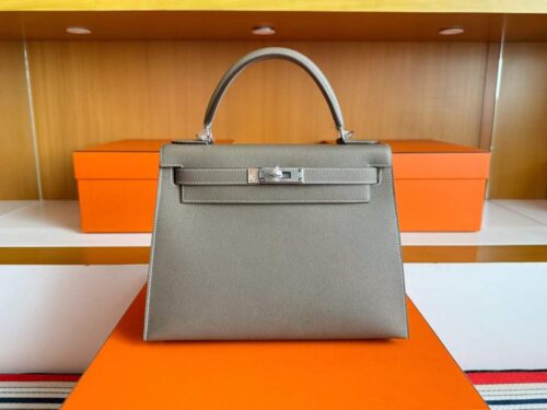 H Factory Bags Kelly Epsom Leather CK18 Etoupe Grey Silver Hardware 28cm Full Handmade