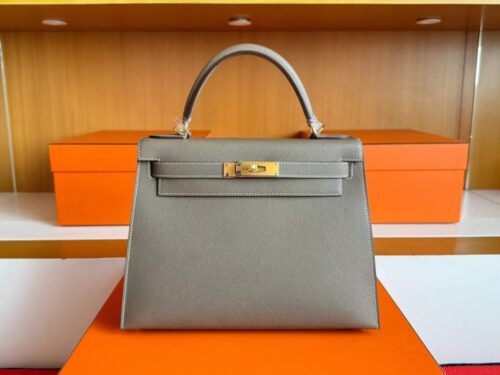 H Factory Bags Kelly Epsom Leather CK18 Etoupe Grey Gold Hardware 28cm Full Handmade