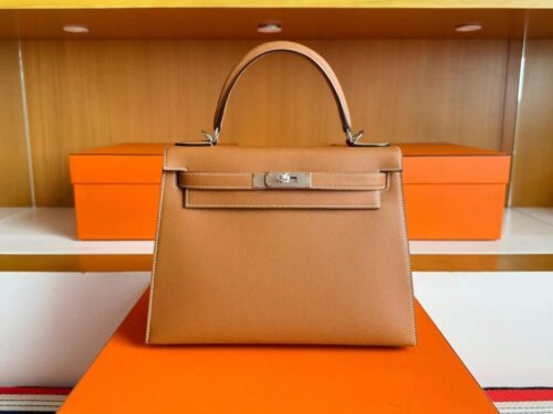 H Factory Bags Kelly Epsom Leather Golden Brown Silver Hardware 28cm Full Handmade