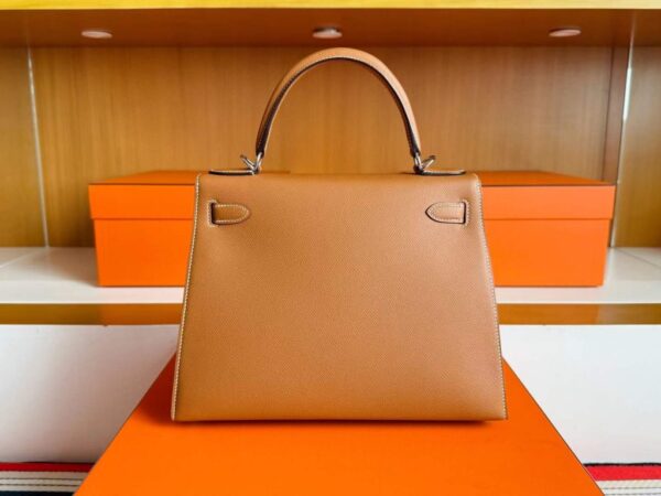 H Factory Bags Kelly Epsom Leather Golden Brown Silver Hardware 28cm Full Handmade