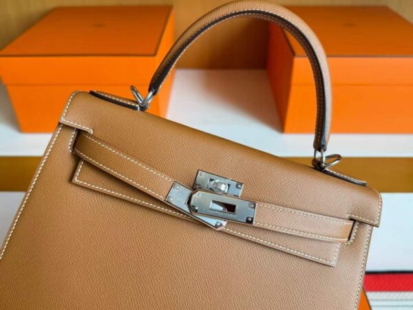 H Factory Bags Kelly Epsom Leather Golden Brown Silver Hardware 28cm Full Handmade