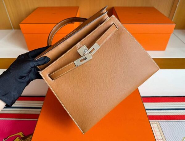 H Factory Bags Kelly Epsom Leather Golden Brown Silver Hardware 28cm Full Handmade