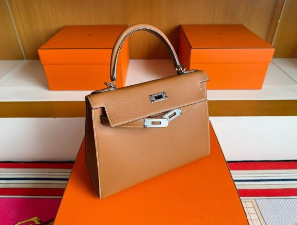 H Factory Bags Kelly Epsom Leather Golden Brown Silver Hardware 28cm Full Handmade