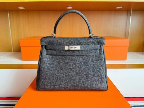 H Factory Bags Kelly Togo Leather Ebony Color Silver Hardware 28cm Full Handmade