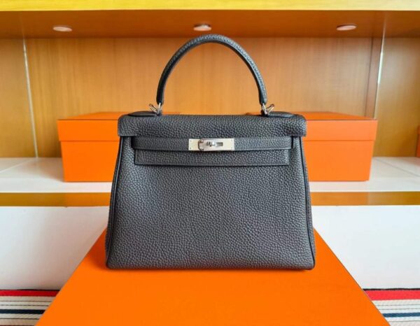 H Factory Bags Kelly Togo Leather Ebony Color Silver Hardware 28cm Full Handmade