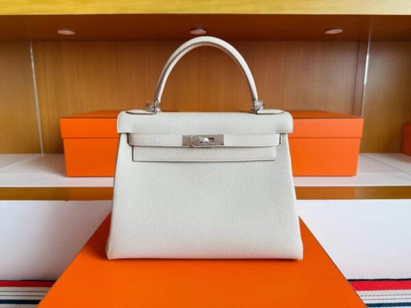 H Factory Bags Kelly Togo Leather Cream White Silver Hardware 28cm Full Handmade