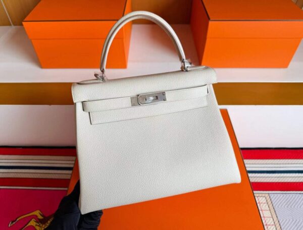H Factory Bags Kelly Togo Leather Cream White Silver Hardware 28cm Full Handmade