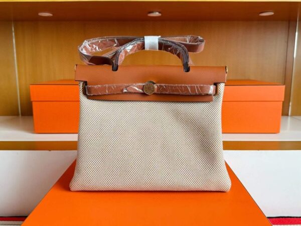 H Factory Bags Herbag Box Leather & Canvas Golden Brown Gold Hardware 31cm Full Handmade